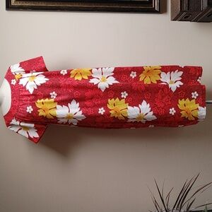 Hawaiian Hedy Lin Red w Large Yellow & White Flowers Mumu Dress Size M